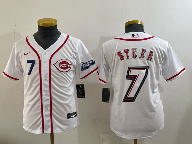 Youth Cincinnati Reds #7 Steer white Nike MLB 2025 Jersey 0043